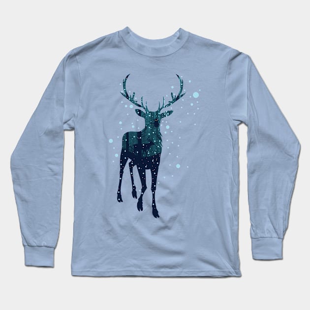 Snowy Winter Forest and Deer Long Sleeve T-Shirt by AnnArtshock